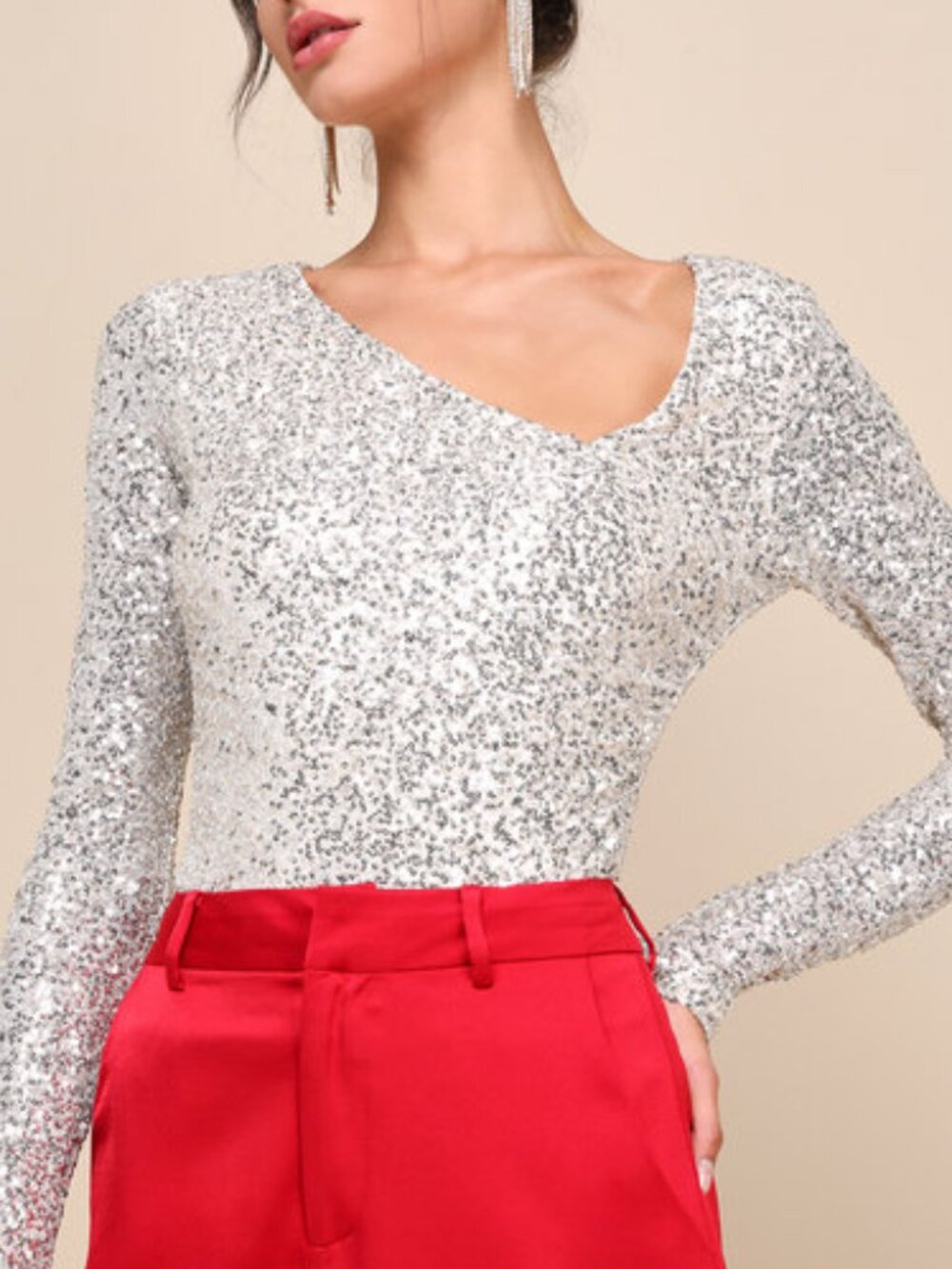 NWT Lulus Unique Vibe Beige Sequin Asymmetrical Long Sleeve Top - Size M